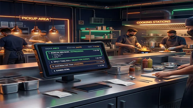 RetaPOS cloud kitchen and QSR POS system showing online order aggregation and kitchen display on smartphone