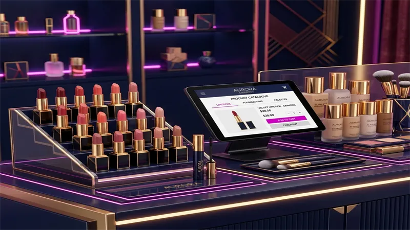 RetaPOS cosmetics beauty store POS system showing shade variant matrix and batch expiry tracking on smartphone