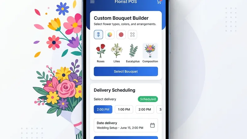RetaPOS florist POS system showing perishable flower inventory, custom bouquet orders and event scheduling on smartphone