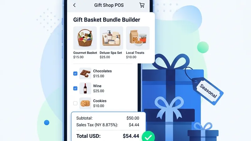 RetaPOS gift shop POS system showing gift-basket bundling, seasonal inventory and sales-tax billing on smartphone