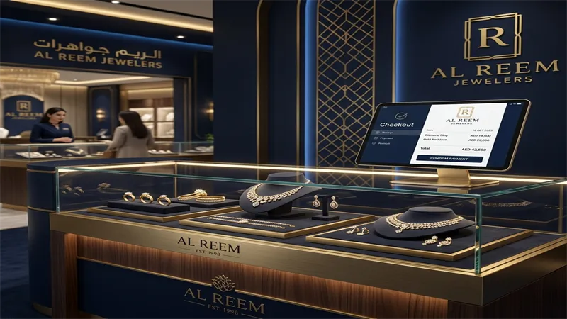RetaPOS jewelry store POS system showing karat and weight billing with design code inventory on smartphone in UAE