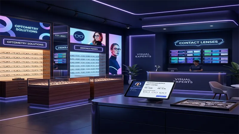 RetaPOS optical store POS system showing prescription management and frame inventory on smartphone