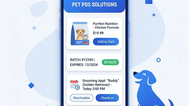 RetaPOS pet store POS system showing pet food expiry tracking, grooming appointments and breed profiles on smartphone
