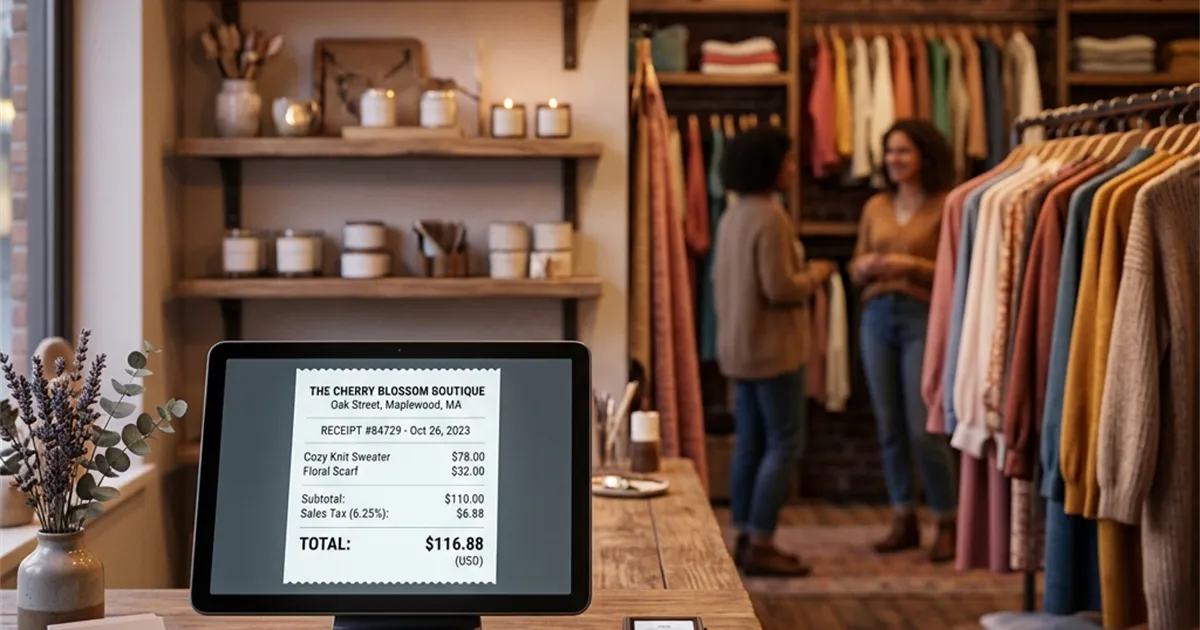 RetaPOS retail POS for US small stores showing a sales-tax invoice and mobile billing on smartphone
