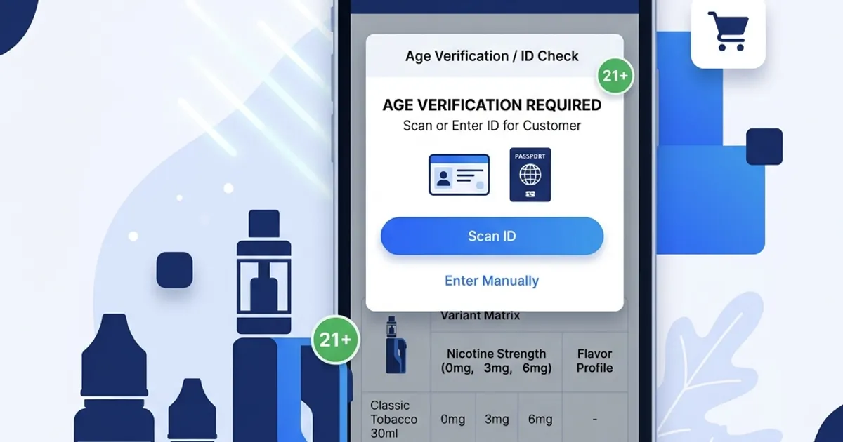 RetaPOS vape shop POS system showing age verification, e-liquid variant matrix and inventory on smartphone