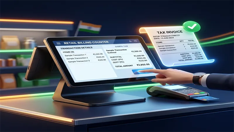 RetaPOS GST billing software for Indian retail stores showing CGST SGST split invoice on smartphone