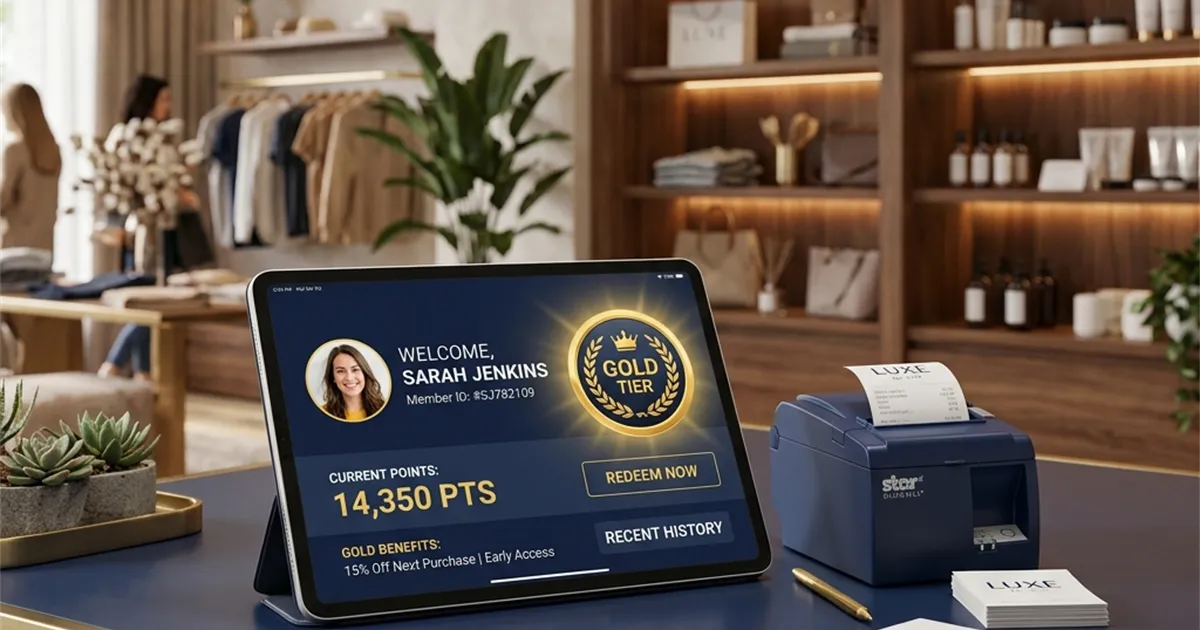 RetaPOS retail loyalty program showing points, tiers and a WhatsApp loyalty offer on smartphone